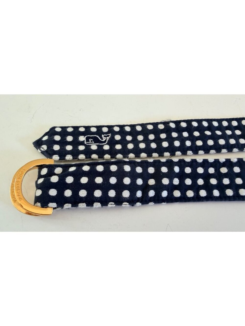 Vineyard Vines Polka Dot Fabric D-Ring Belt Size Large Navy White Gold Trim